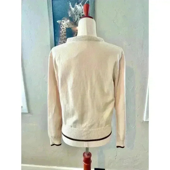 Euro Style Soft Cream Cardigan Button Up With Scarf Tie Brown Trim Size S - Picture 4 of 7